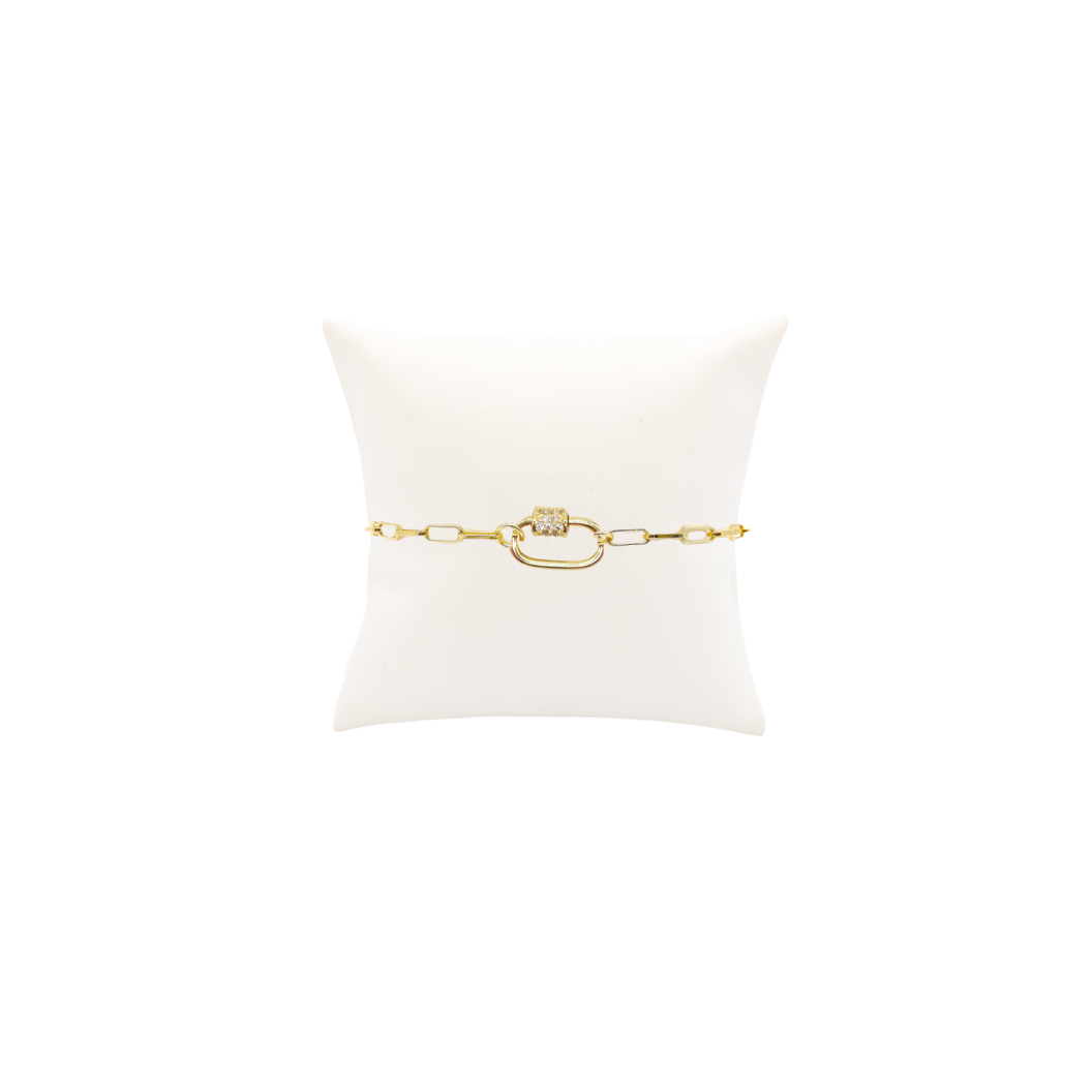 Front View of the Gold Ashley Paperclip Chain Charm Bracelet with Clear Cubic Zirconia Small Gabi Carabiner