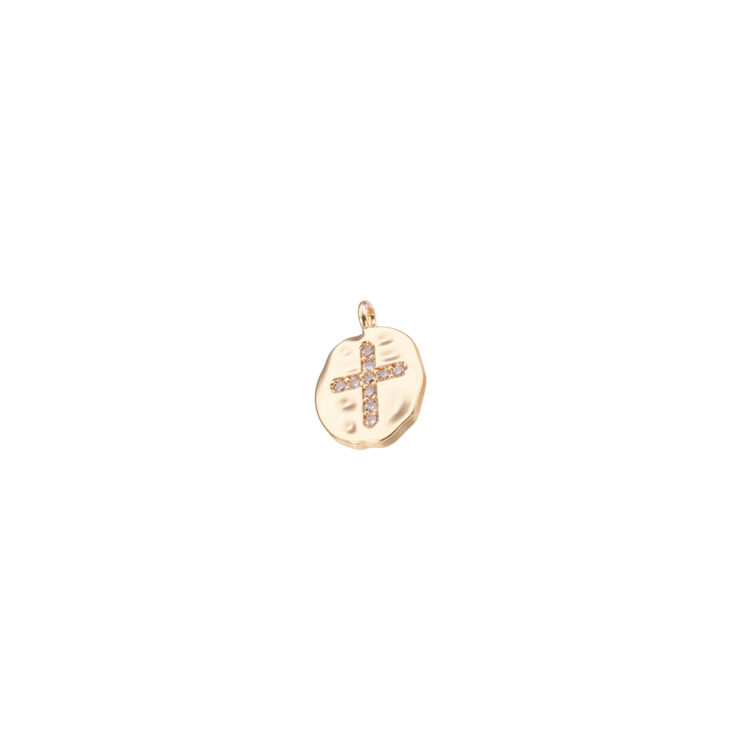 Front of Gold Hammered Disc Embellished Cross Charm