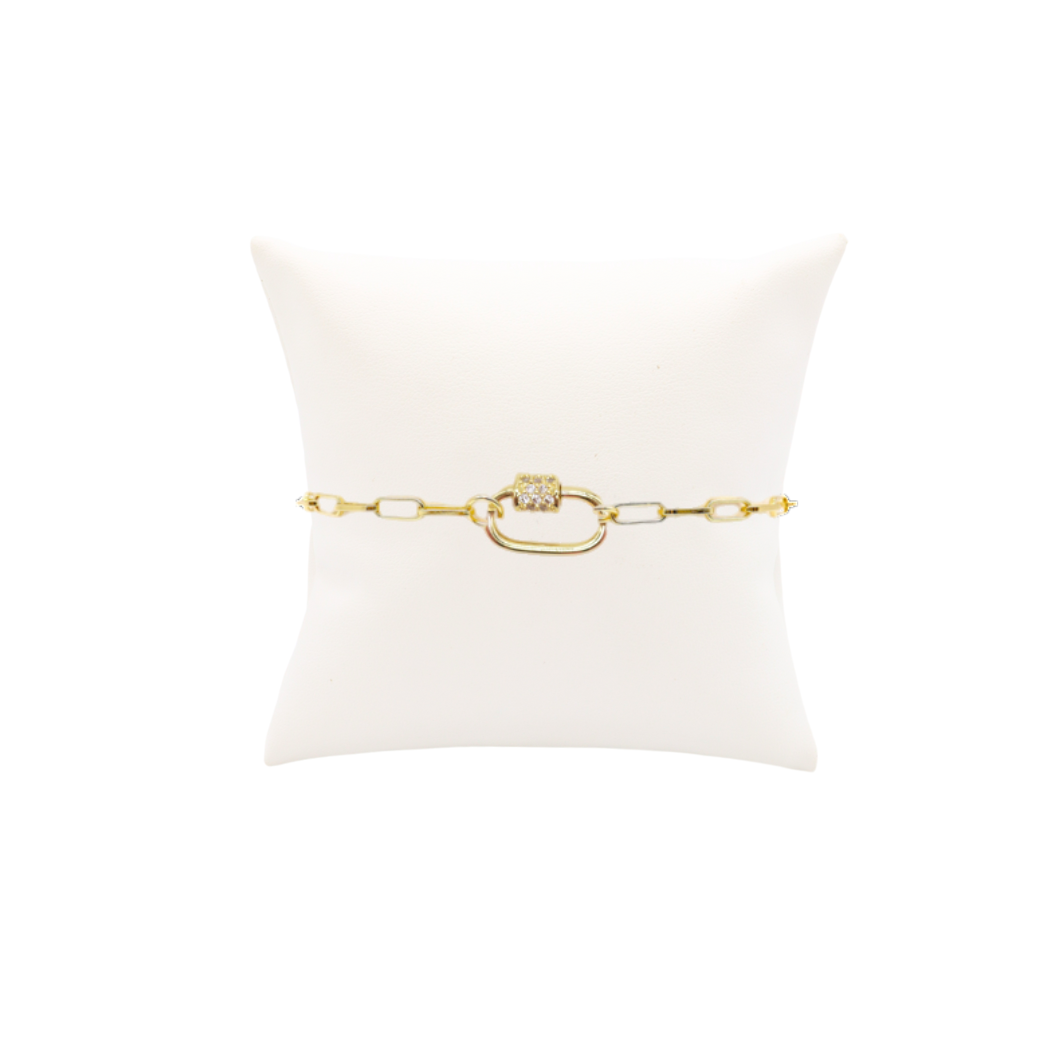 Front View of the Gold Ashley Paperclip Chain Charm Bracelet with Clear Cubic Zirconia Small Gabi Carabiner
