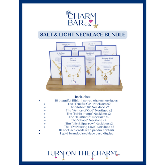Salt & Light Necklace Bundle including 16 beautiful Bible - Inspired Charm Necklaces, 16 Necklace Cards with Product Details, and 1 gold branded necklace card display 