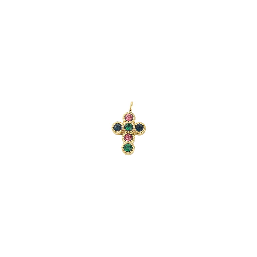 Gold Colorful Gem Cross Charm | Waterproof Stainless Steel Charms on white background