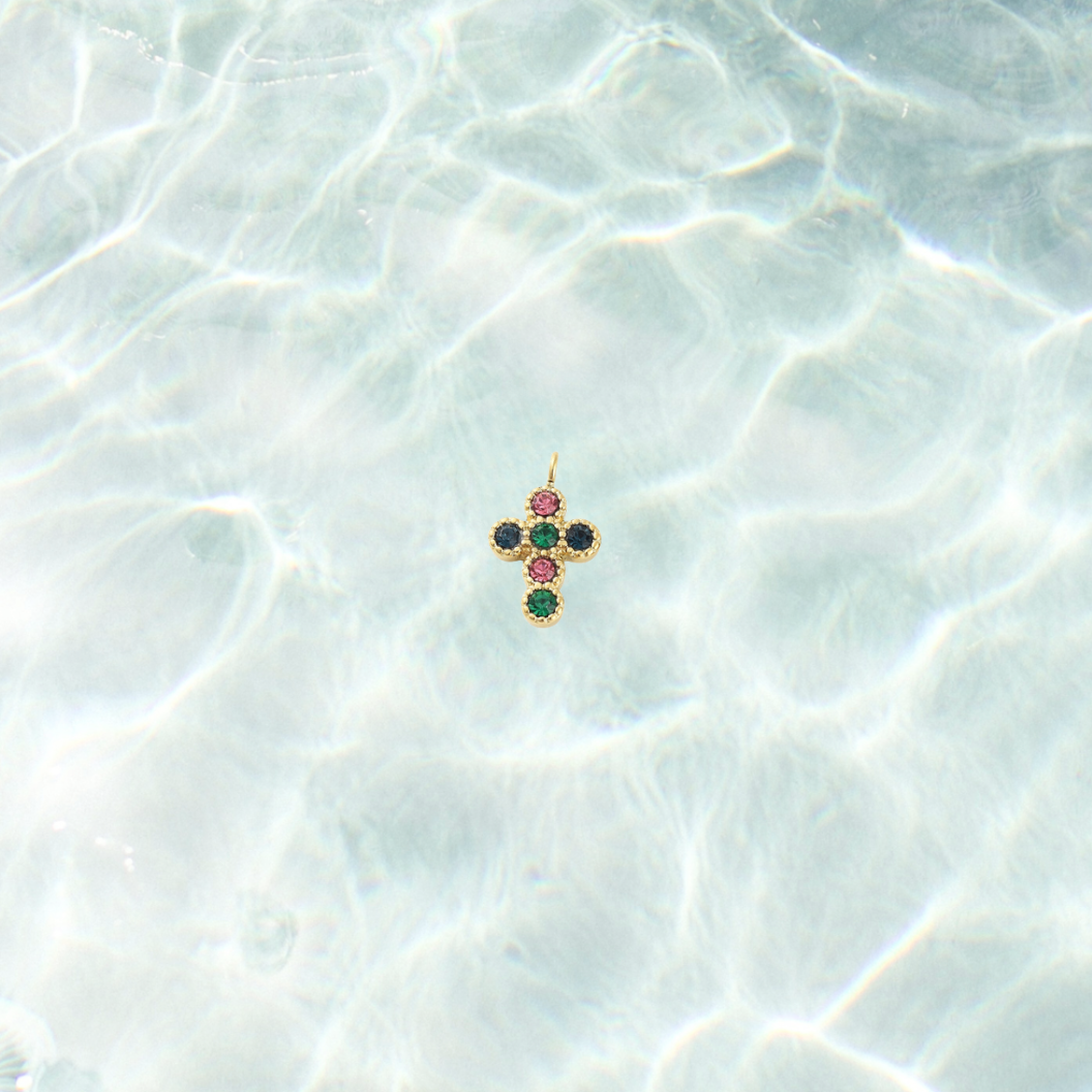 Gold Colorful Gem Cross Charm | Waterproof Stainless Steel