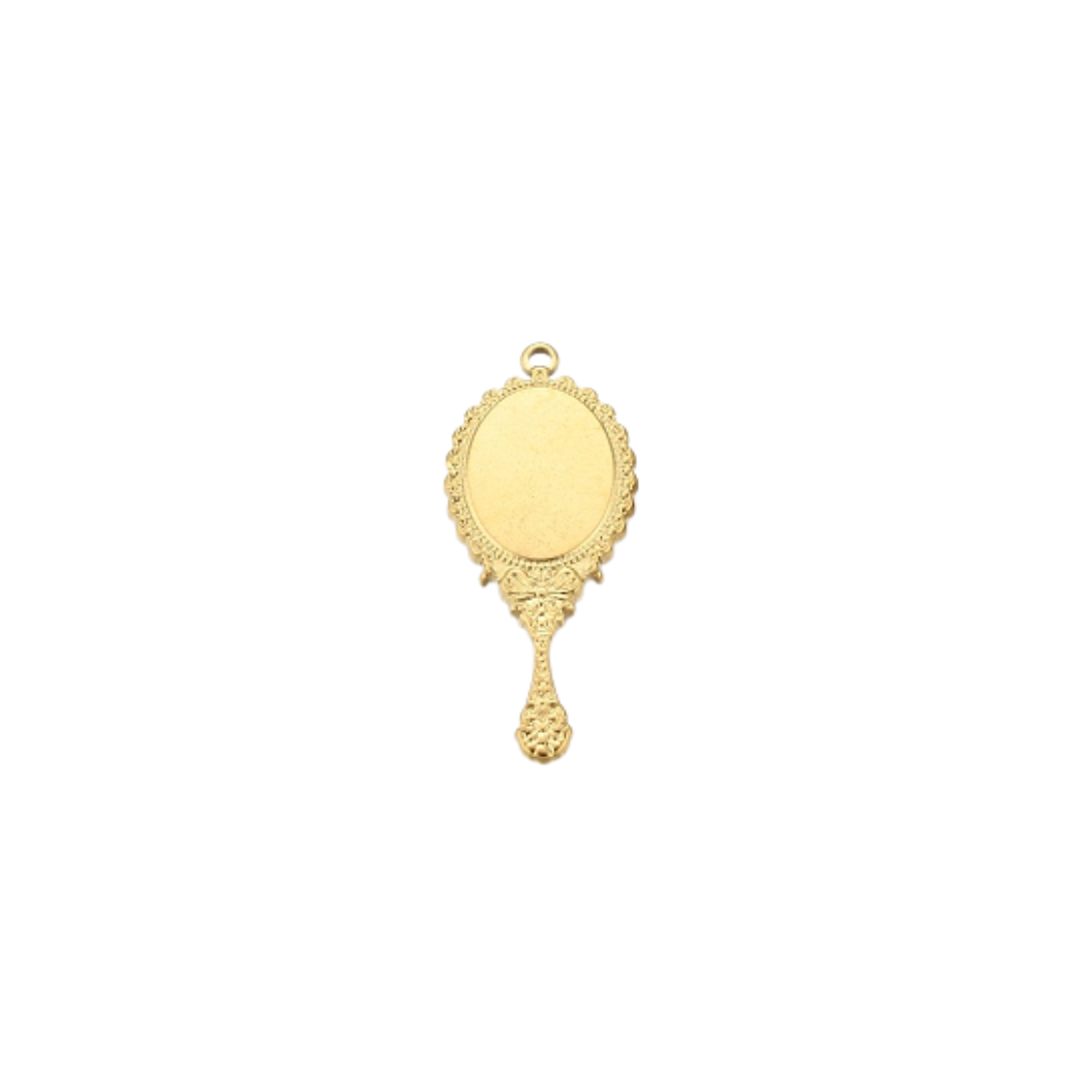 Gold Vintage Hand Mirror Charm - Waterproof Stainless Steel on white background 