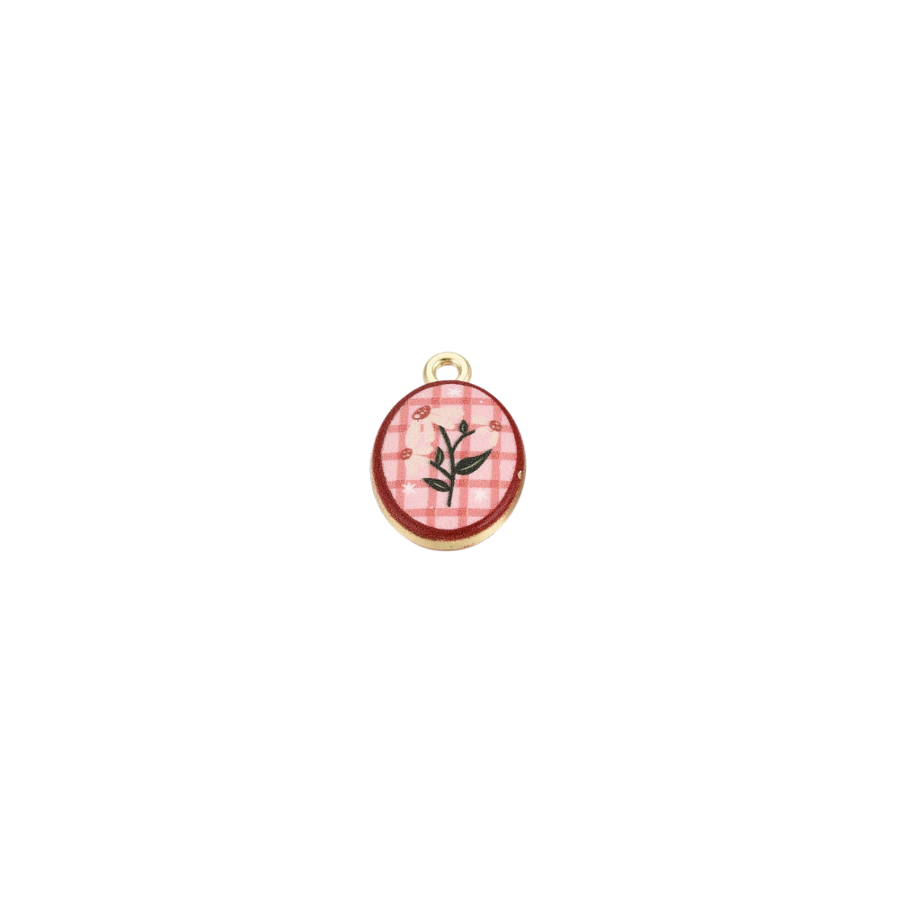 Gold Pink Checkered Floral Oval Charm