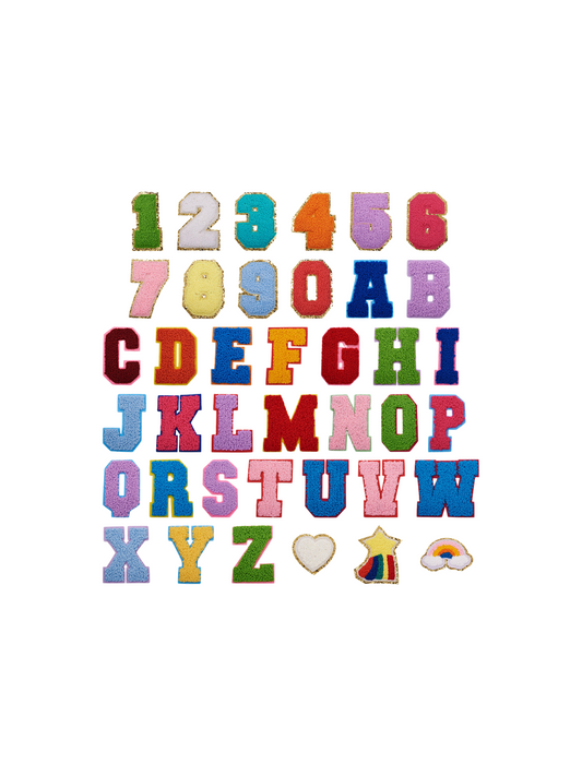 Assortment & Front View of Rainbow Assorted Letters & Numbers Patches | Set