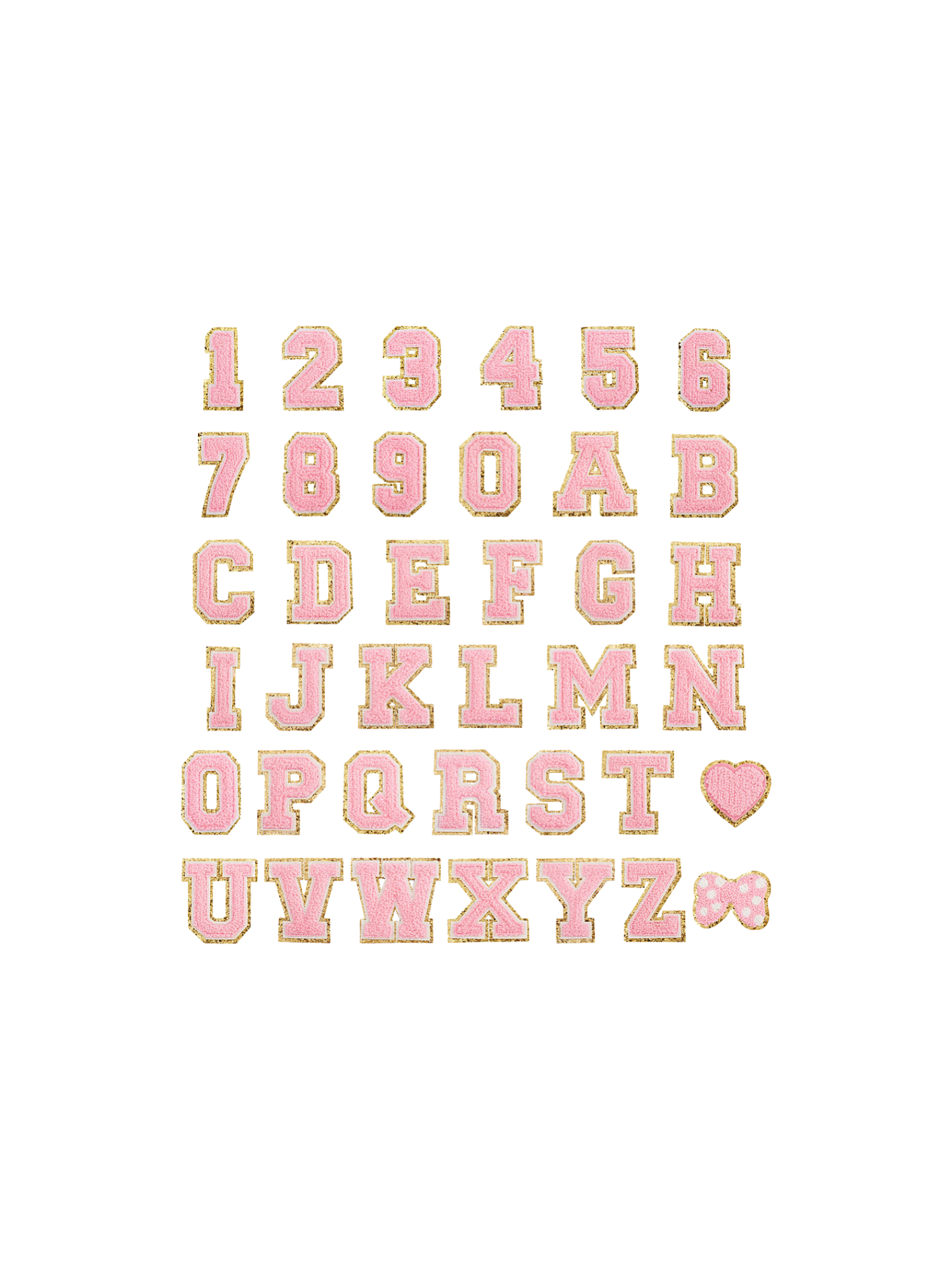 Assortment & Front View of Ballet Pink Letter & Number Patches | Set
