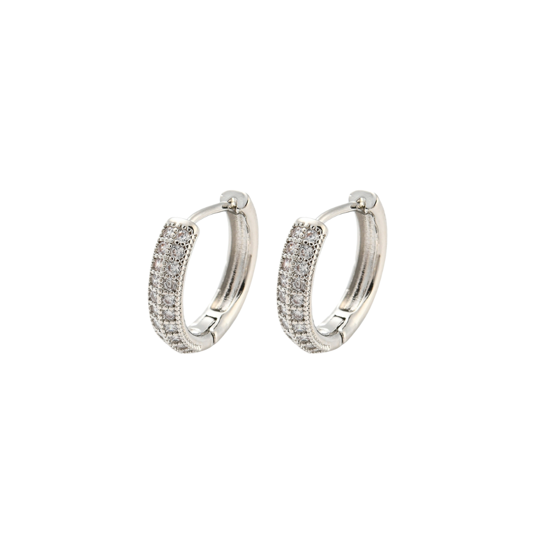 Pair of silver hoop earrings on a white background