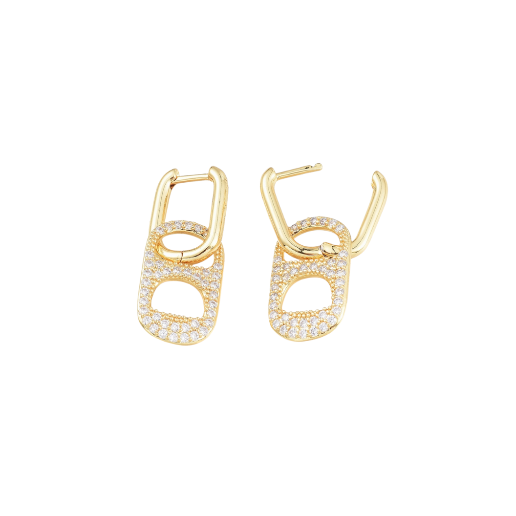 Gold hoop earrings with embedded diamonds on a white background