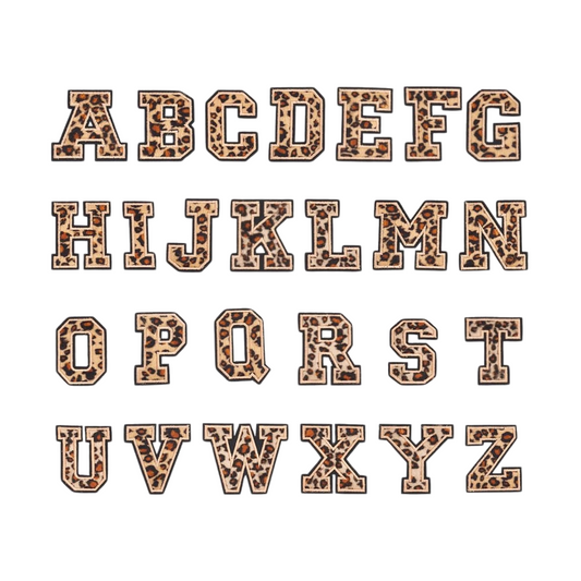 Assortment & Front View of Leopard Print Letter Patches-Set