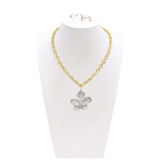 Gold Jamesyn Necklace with Silver 5 Petal Flower Charm