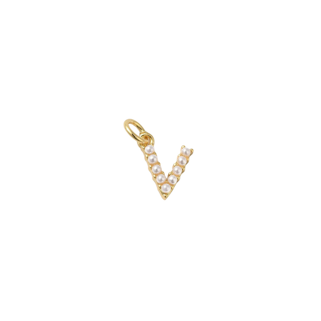 Transparent view of the Gold Micro Pearl Initial Letter | Alphabet Charm | V