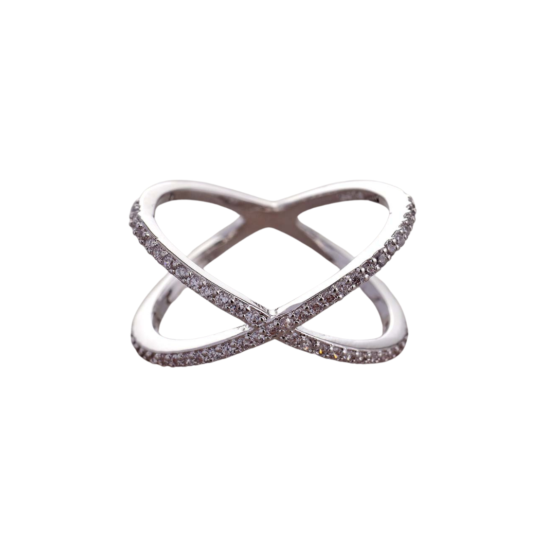 Transparent Side Silver Criss Cross with Cubic Zirconia Ring