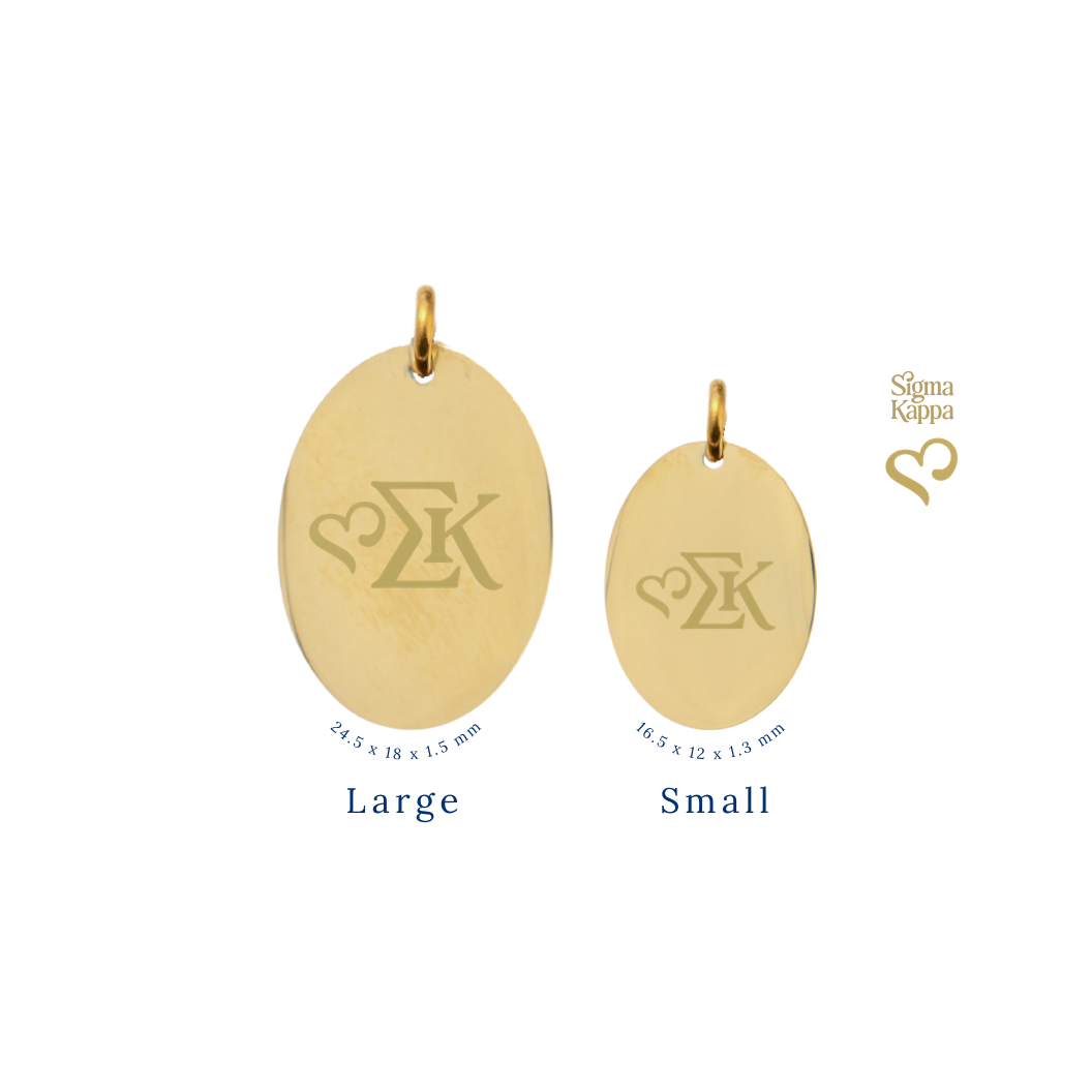 Sigma Kappa gold large oval charm and small oval charm comparison with greek letters icon front view