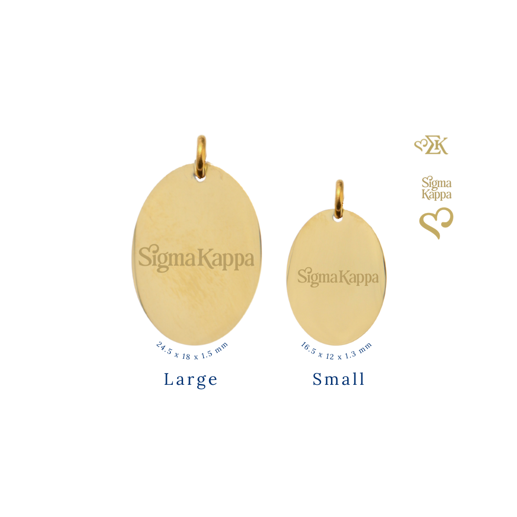Sigma Kappa gold large oval charm and small oval charm comparison with new primary logo front view