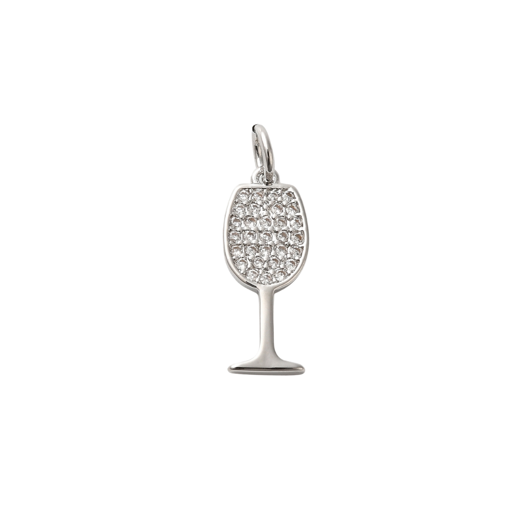 Silver Cubic Zirconia Wine Glass Charm, Front View