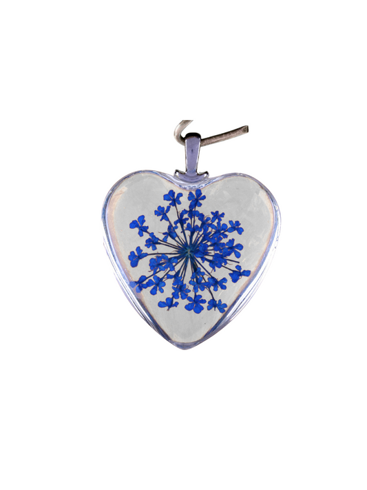 Front of the Silver Dried Flower Heart Charm with a blue flower