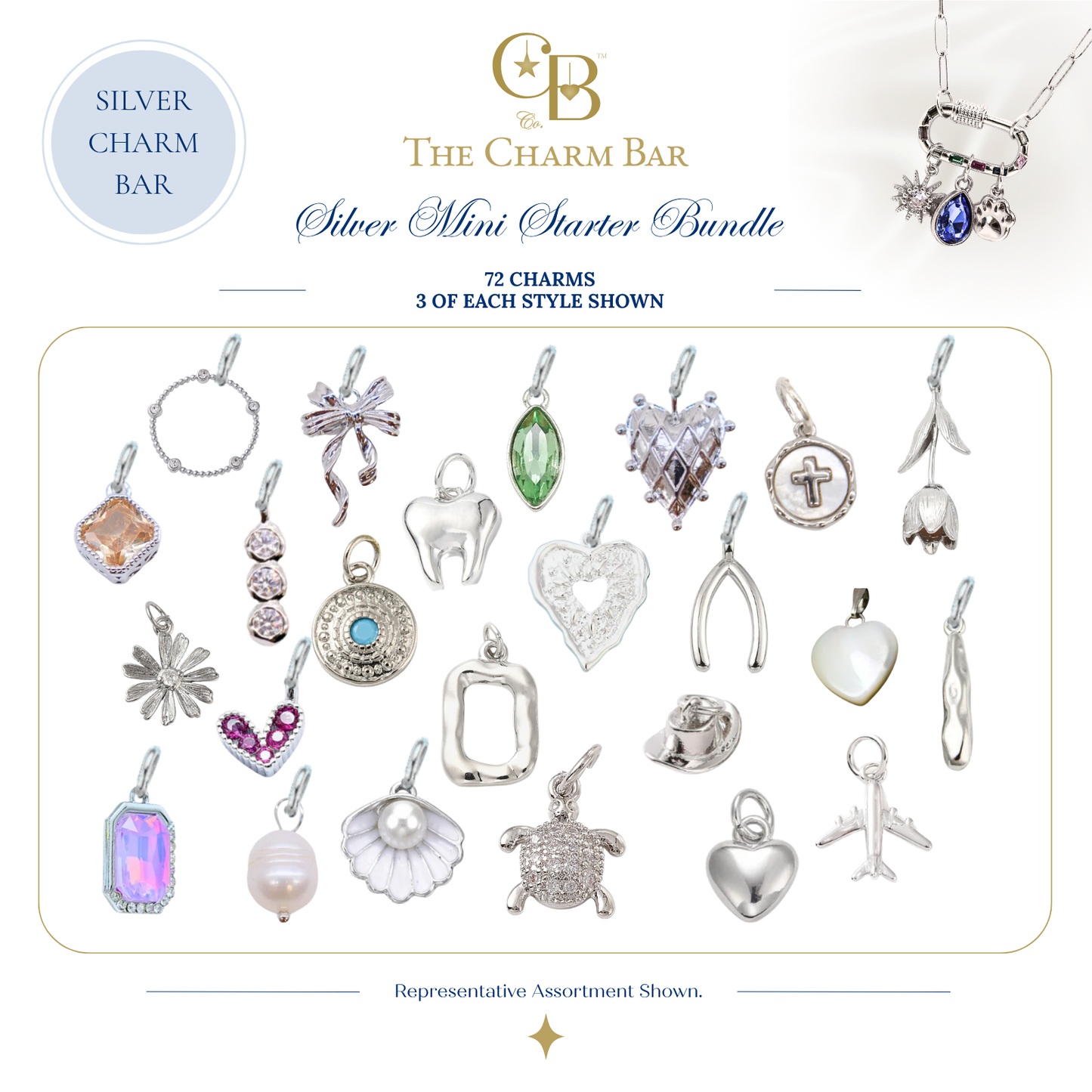 Representative assortment of 72 waterproof silver charm bar charms included in The Charm Bar Silver Mini Starter Bundle, featuring hearts, crosses, gemstones, pearls, florals, travel, faith, and everyday charms for custom jewelry making.