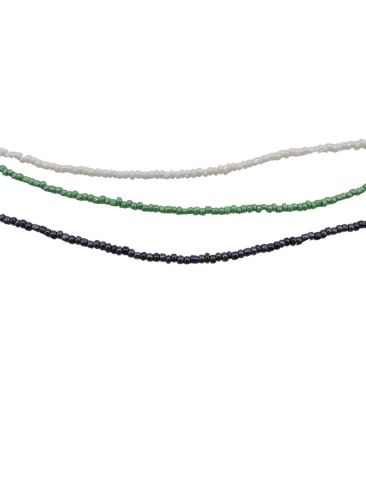 Three Options of the Silver Seed Bead Necklace in white, green, and black