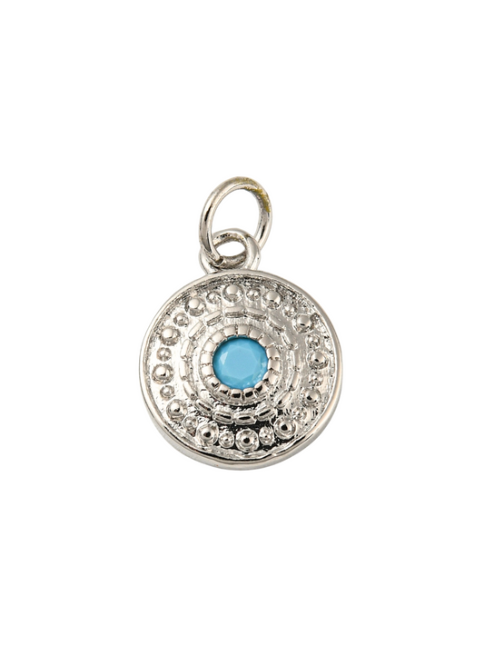 Front of the Silver Sky Blue Embellished Disc Charm