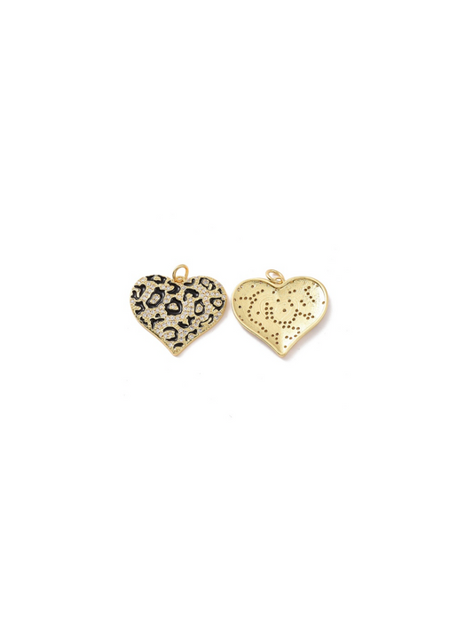 Front and back view of Gold and Black Paved Leopard Heart Charm.