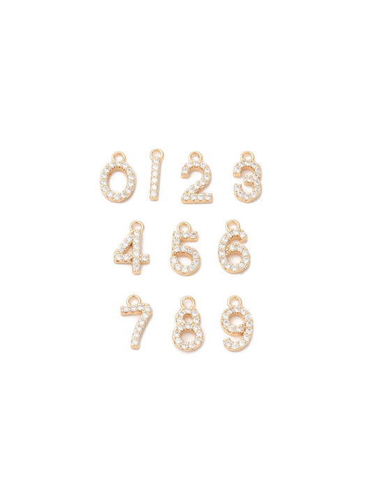 Pave Number Charms in gold 0-9, front view.