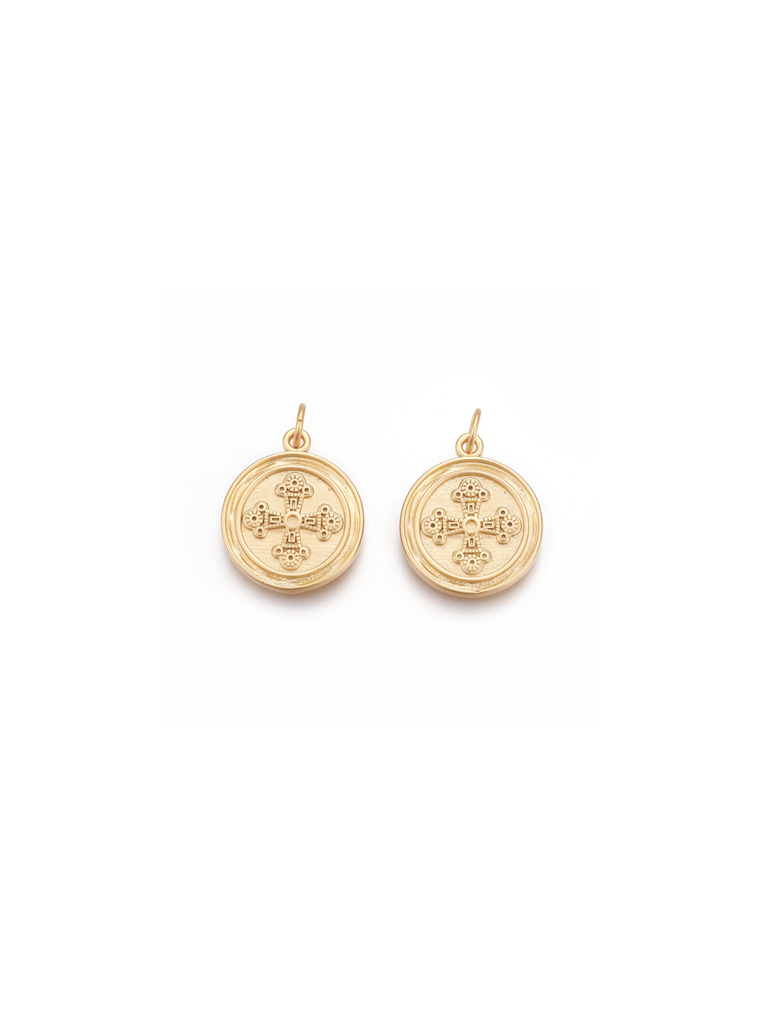 Side by side Matte Gold Filigree Cross Disc Charms, front and back view.