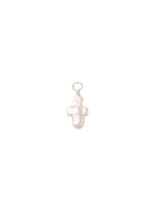 Silver Keshi Pearl Cross charm, front view.