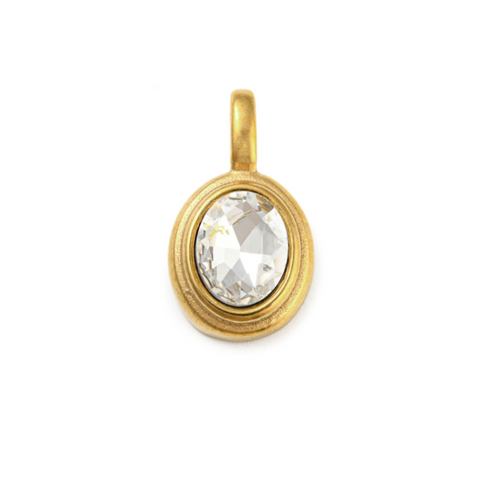 Oval Framed Glass Stone Charm in gold, front view.