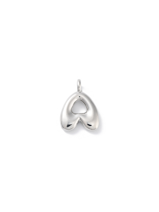 Front view of silver bubble letter "A" charm.