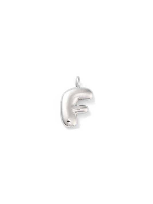 Front view of silver bubble letter "F" charm.