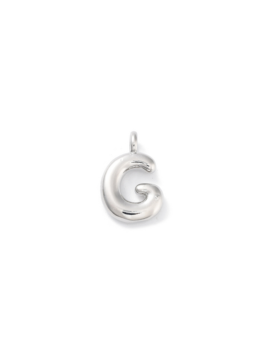 Front view of silver bubble letter "G" charm.