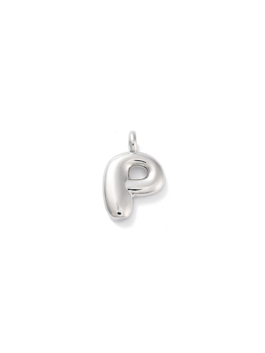 Front view of silver bubble letter "P" charm. 