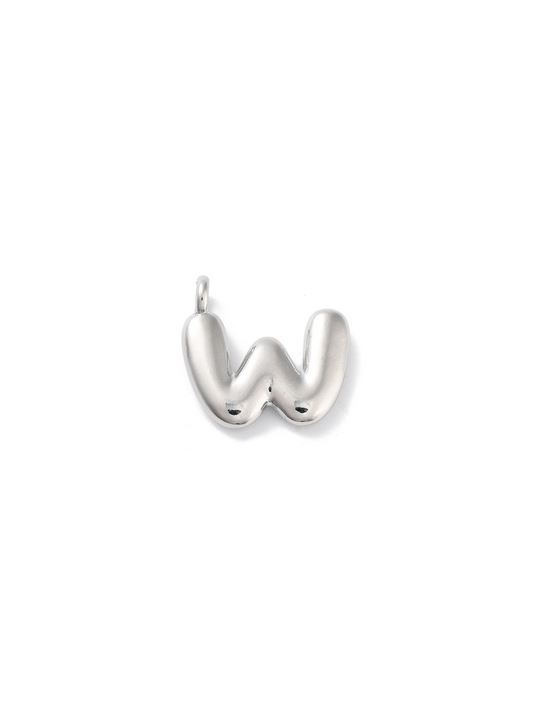 Front view of silver bubble letter "W" charm.\