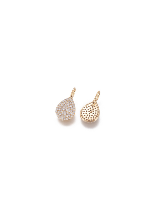 Front and back view of gold pave teardrop charm.