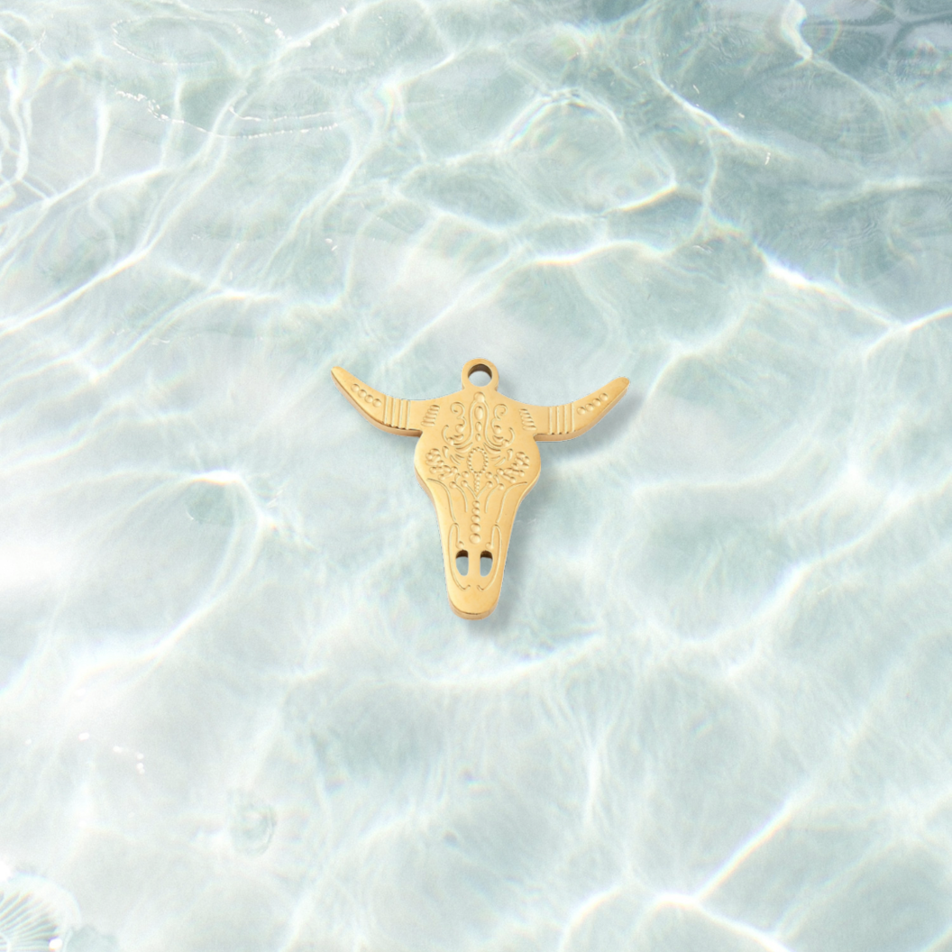 Gold Rodeo Longhorn Charm | Waterproof Stainless Steel on water background 