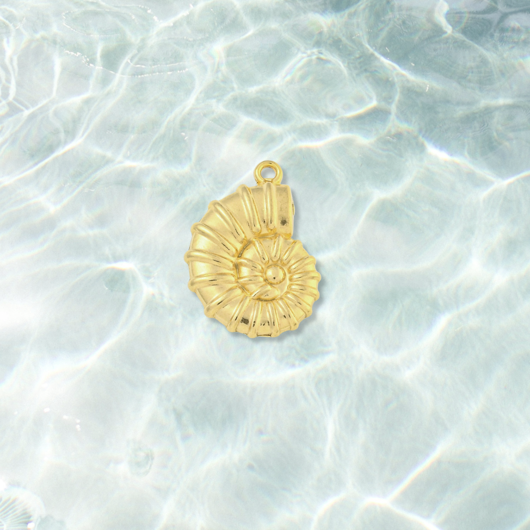 Gold Nautilus Shell Charm on water background 