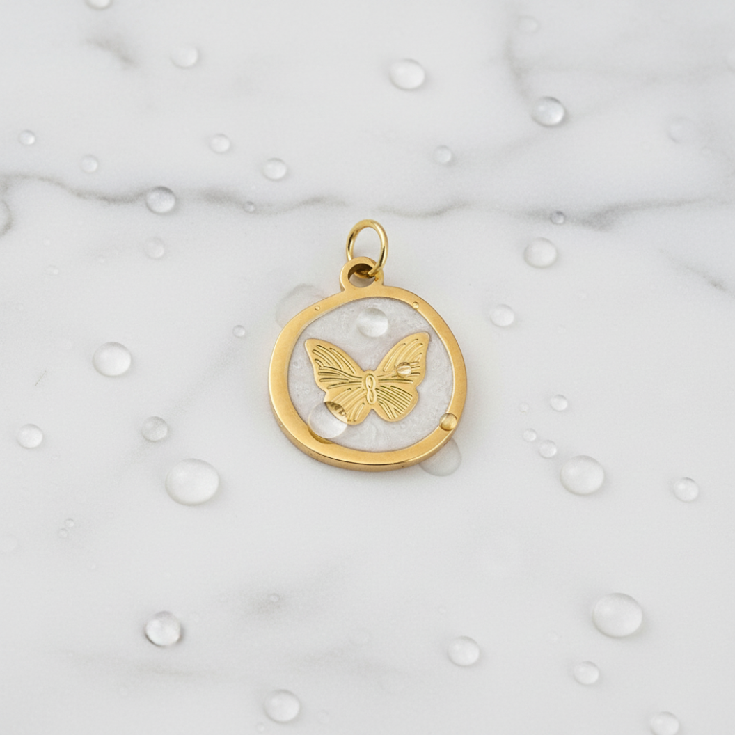 Gold Whimsical White Butterfly Charm | Waterproof Stainless Steel