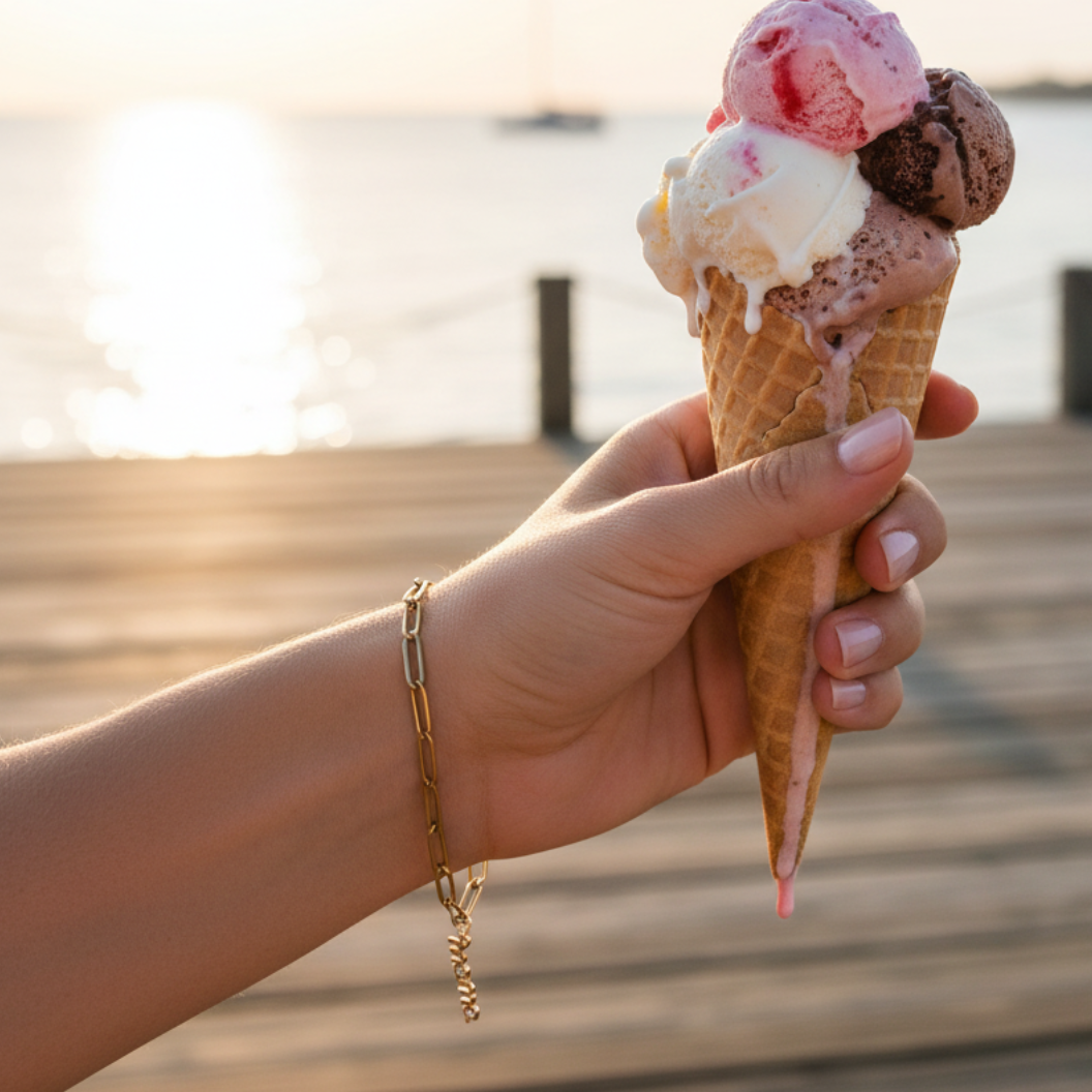 Gold Crystal Accent Mama Charm on bracelet with hand and ice cream cone 