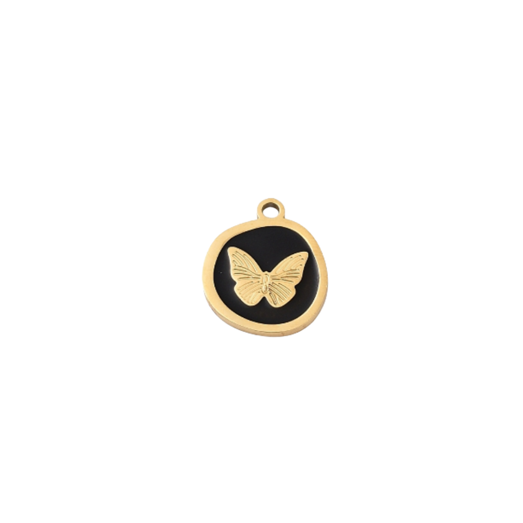 Gold Whimsical Black Butterfly Charm on transparent background 