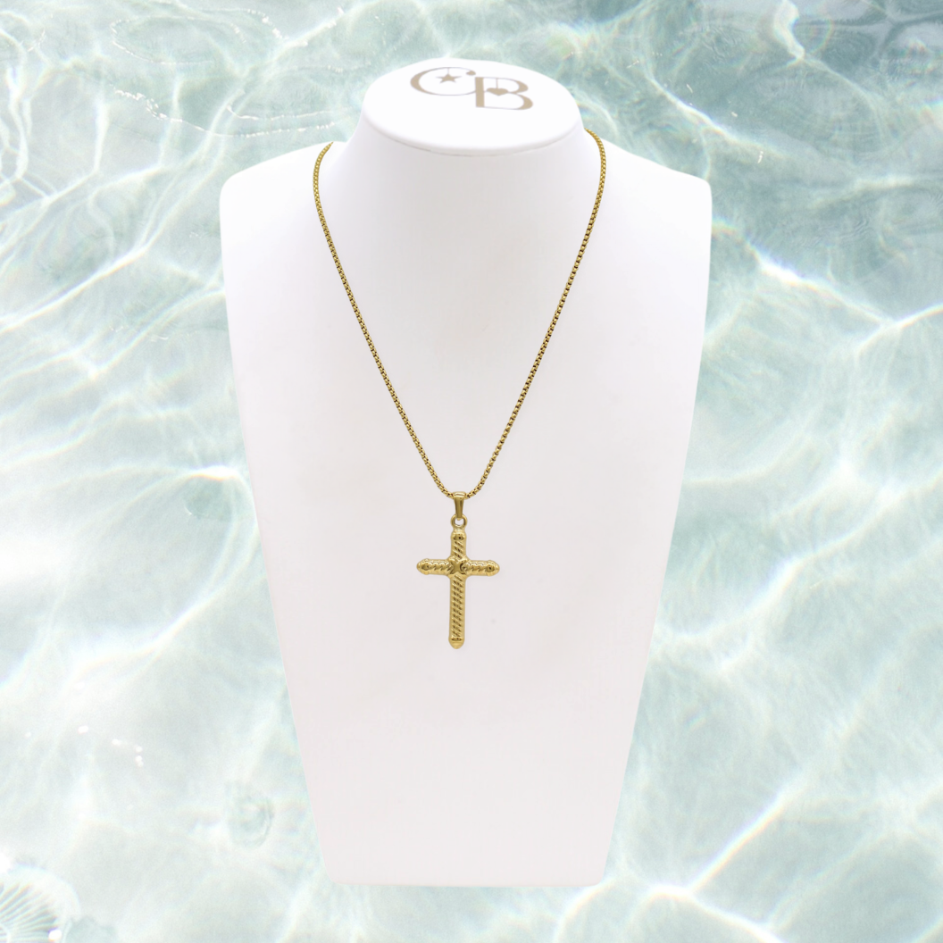 Textured Cable Cross Gold Necklace | Waterproof, Hypoallergenic & Tarnish Resistant