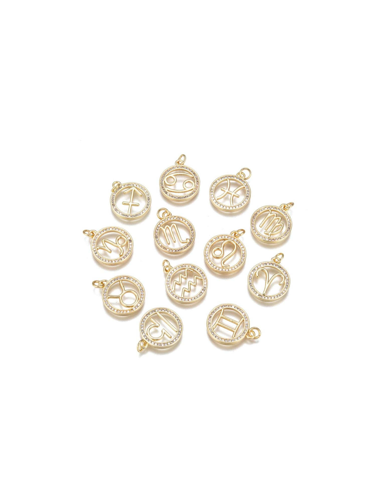 Zodiac charms on white background in circle, front view.