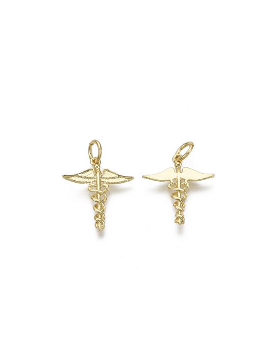 Two gold Caduceus Symbol Charms on white background, one front view, one back view.