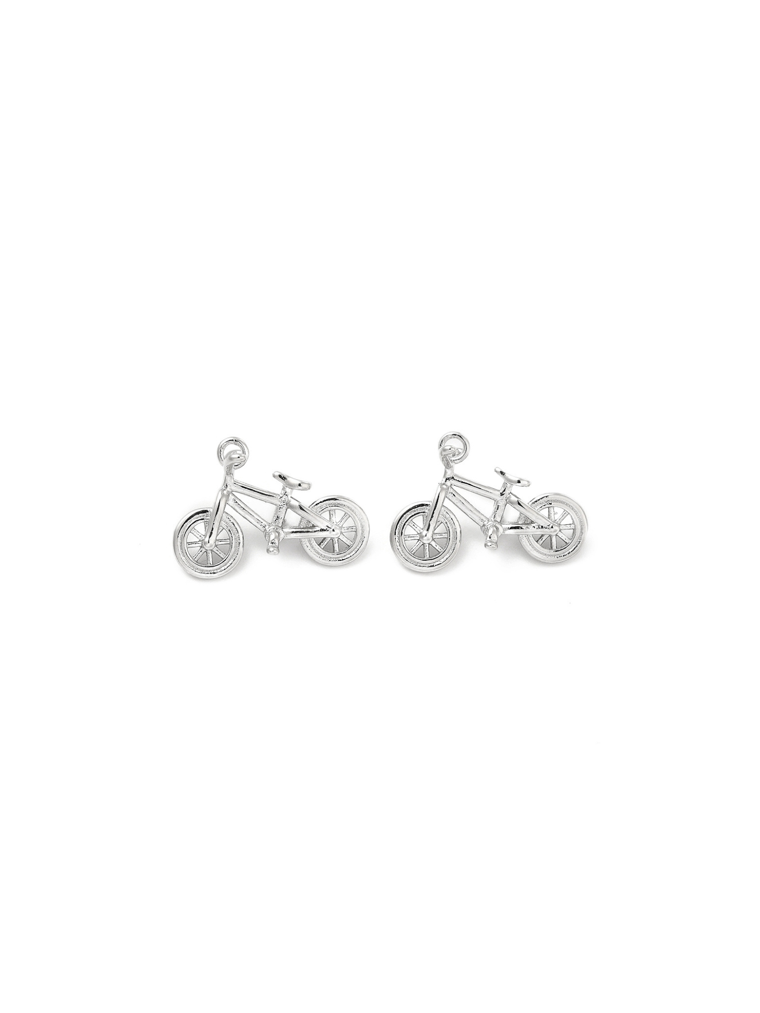 Two Like Riding A Bike Charms on white background facing left, side view.