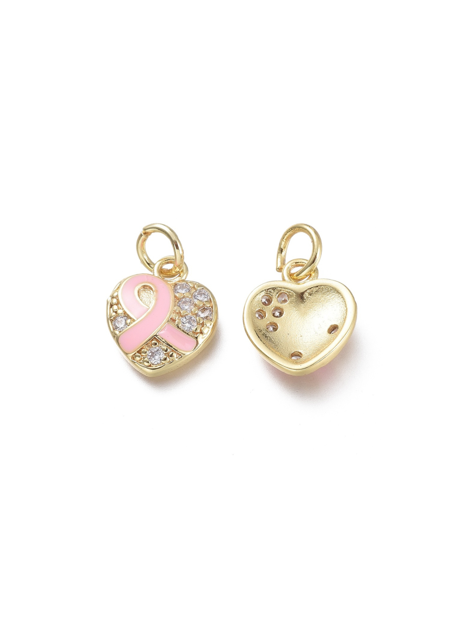 breast cancer ribbon heart charm on white background, one front view, one back view.