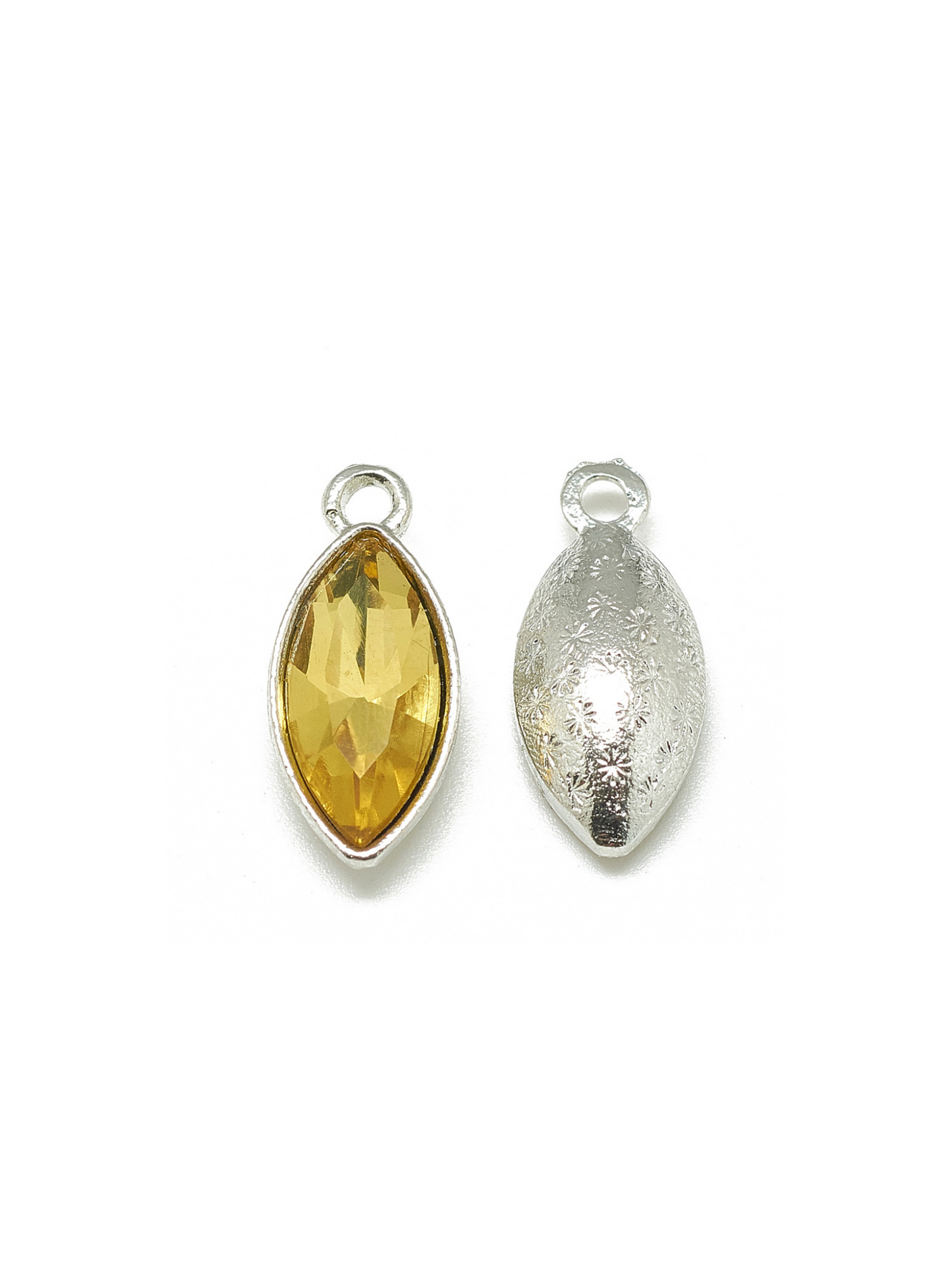 Yellow Marquise Colored Glass Charm, front and back view.