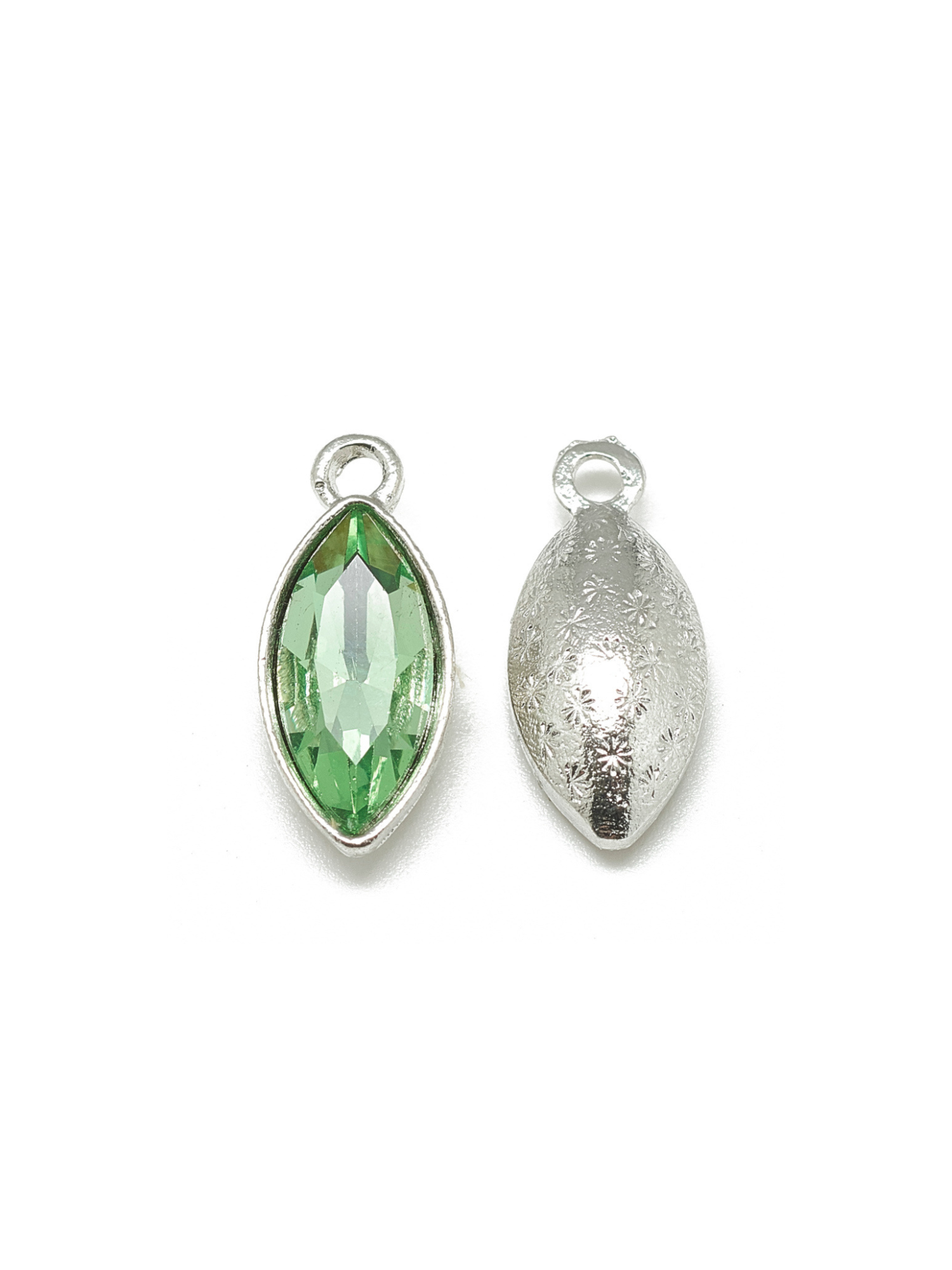 Green Marquise Colored Glass Charm, front and back view.