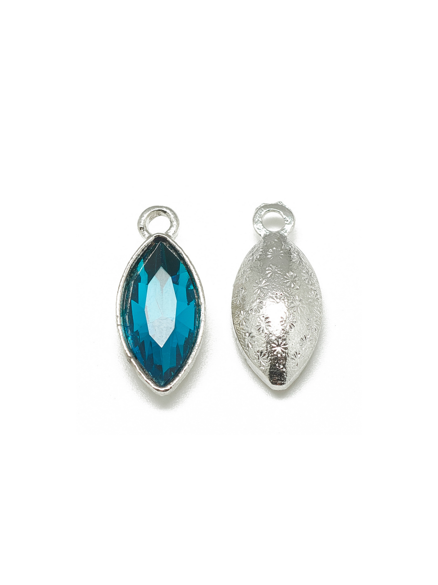 Blue Marquise Colored Glass Charm, front and back view.