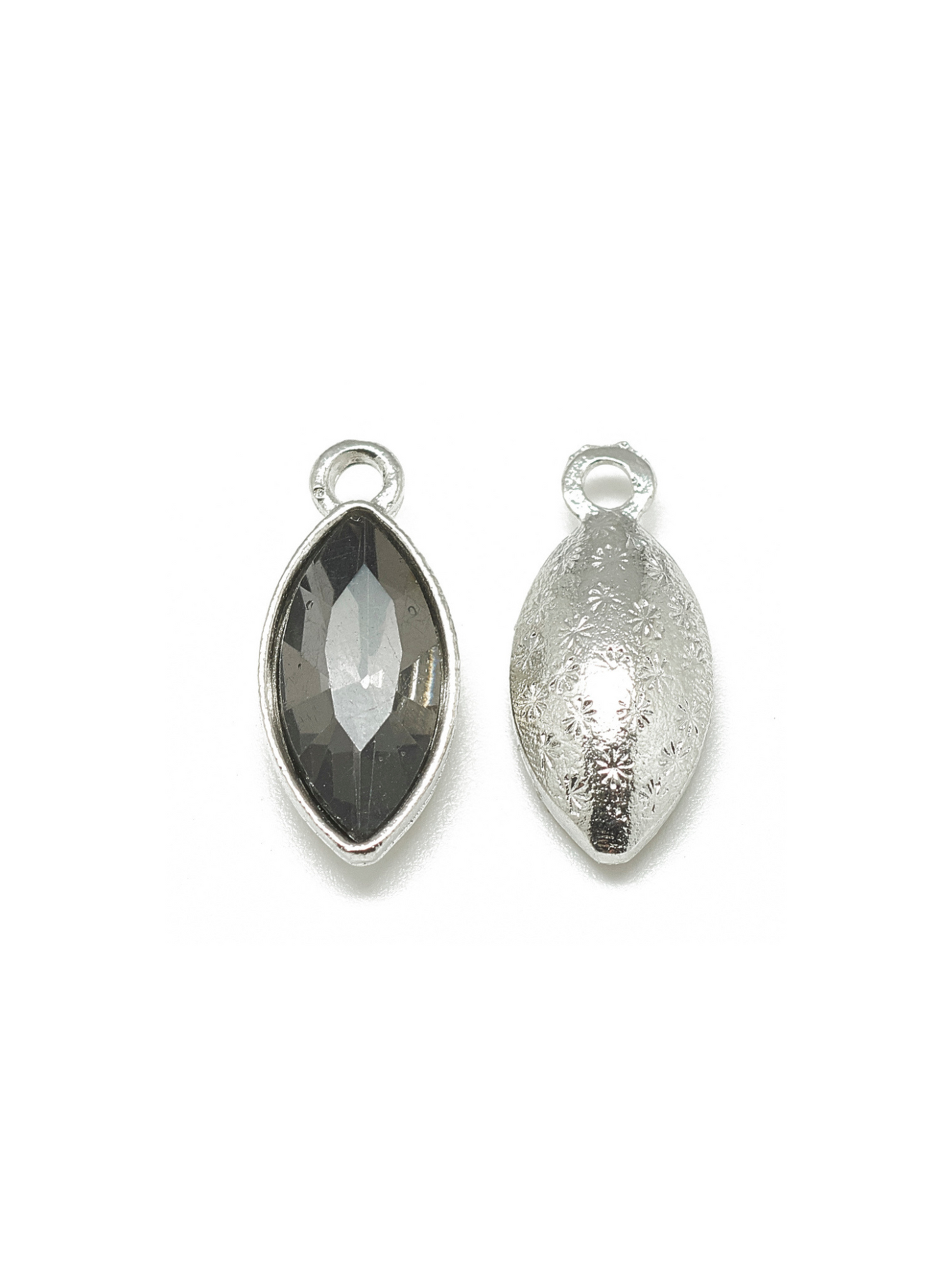 Black Marquise Colored Glass Charm, front and back view.