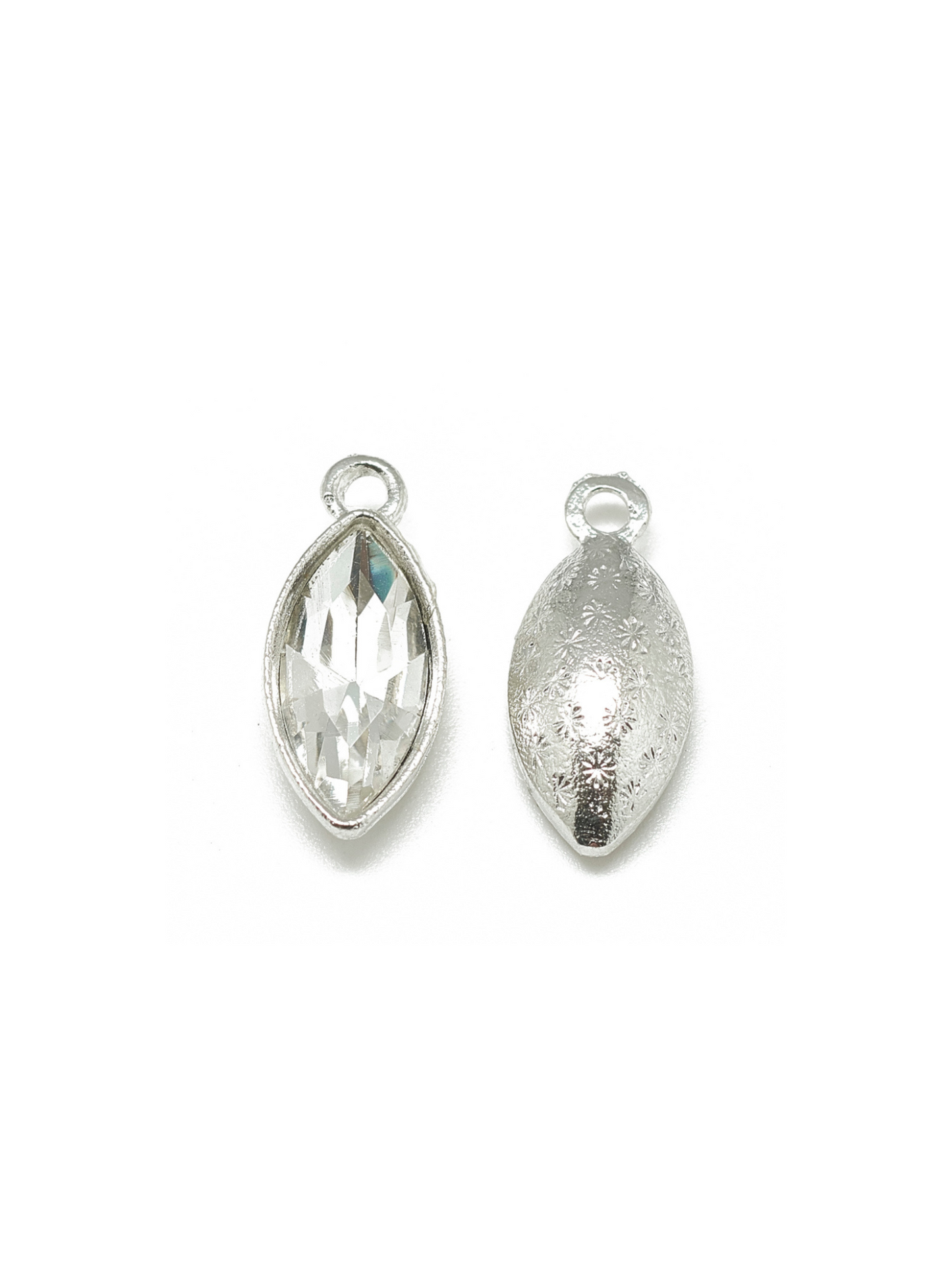 Clear Marquise Colored Glass Charm, front and back view.