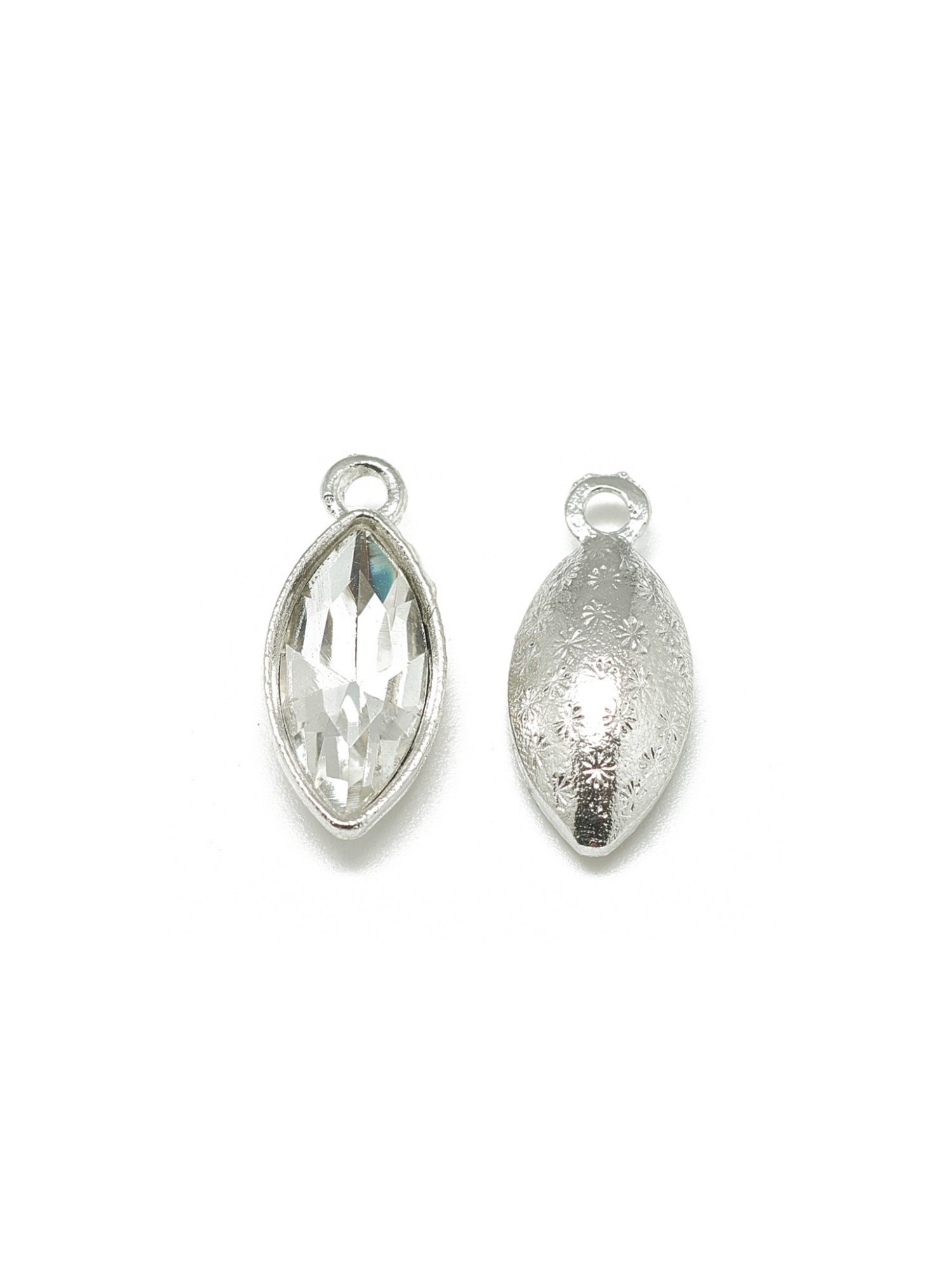 Clear Marquise Colored Glass Charm, front and back view.